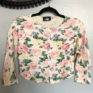 90s vintage crop top - button down 3/4 sleeve floral rose ribbed pattern